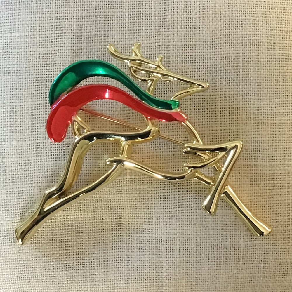 Vintage Holiday Reindeer Brooch Gold Tone Modern Art Christmas Winter Pin